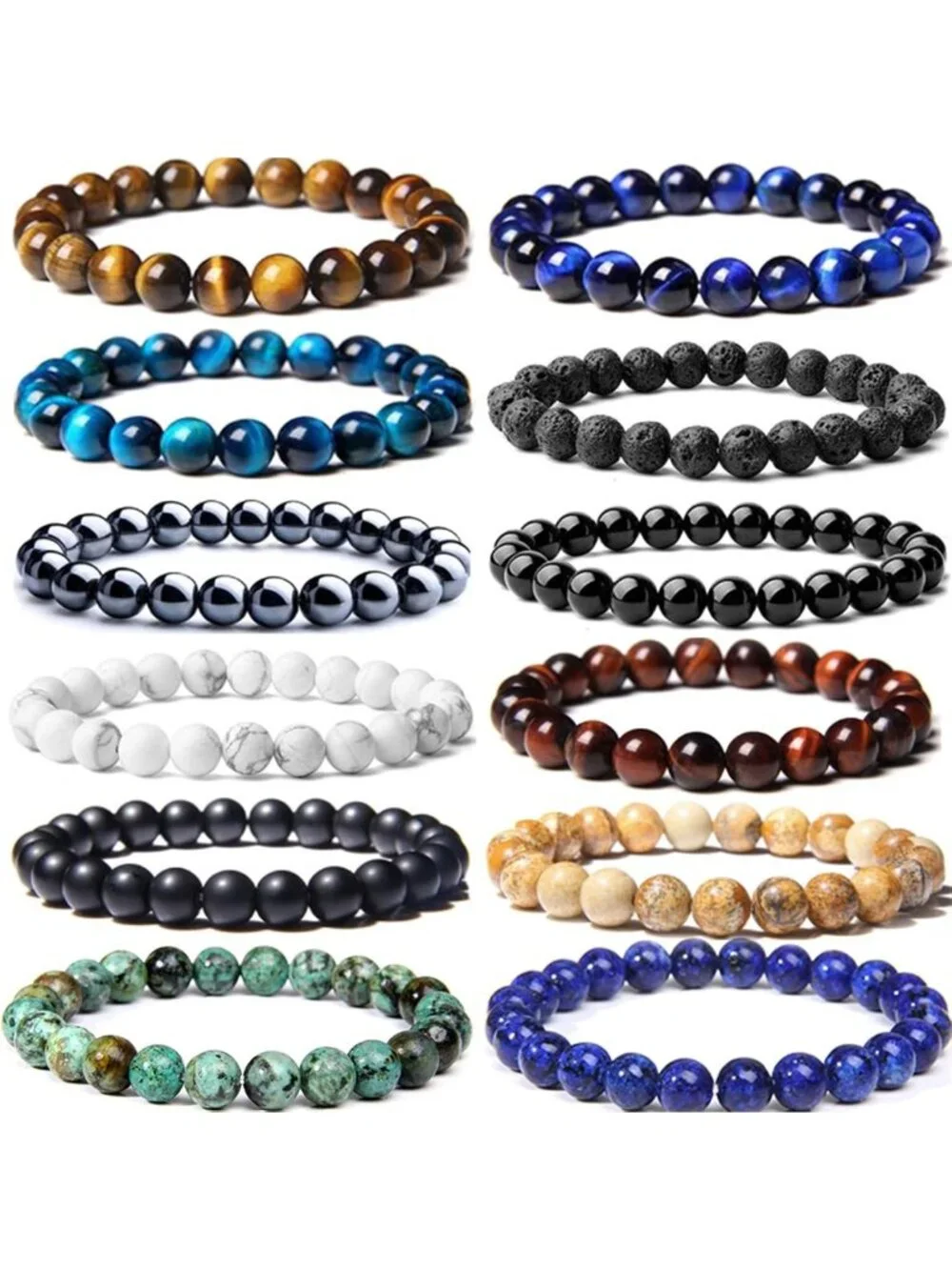 12PCS 8mm Semi-Precious Gemstone Beaded Bracelets for Men & Women | Natural